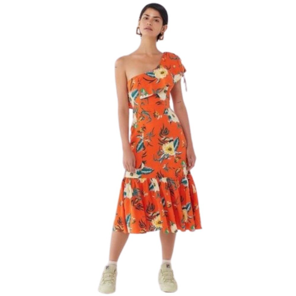 Urban Outfitters UO Carmen Orange Floral Linen One-Shoulder Ruffle Midi